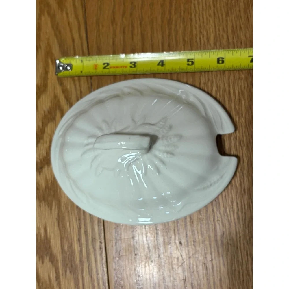White Ceramic Soup Tureen Set wh Lid Ladle and Underplate Wheat Embossed Pattern